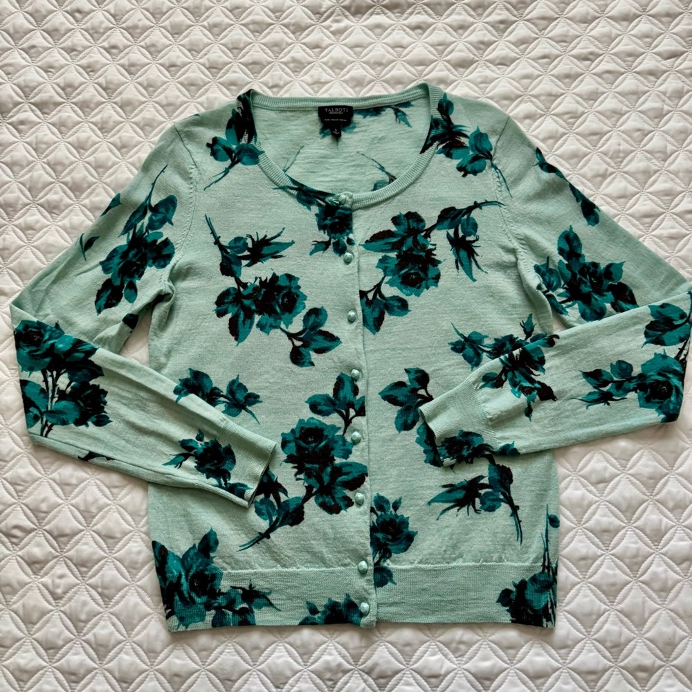 Talbots Pure Italian Merino Wool Button Down Cardigan Size S Mint Teal Floral